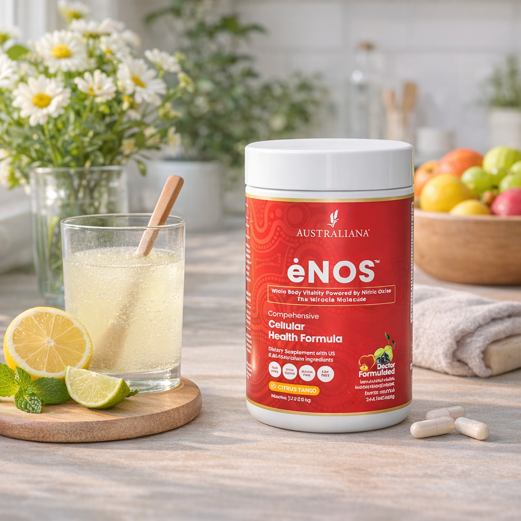 ėNOS can beside a freshly mixed glass on a kitchen counter