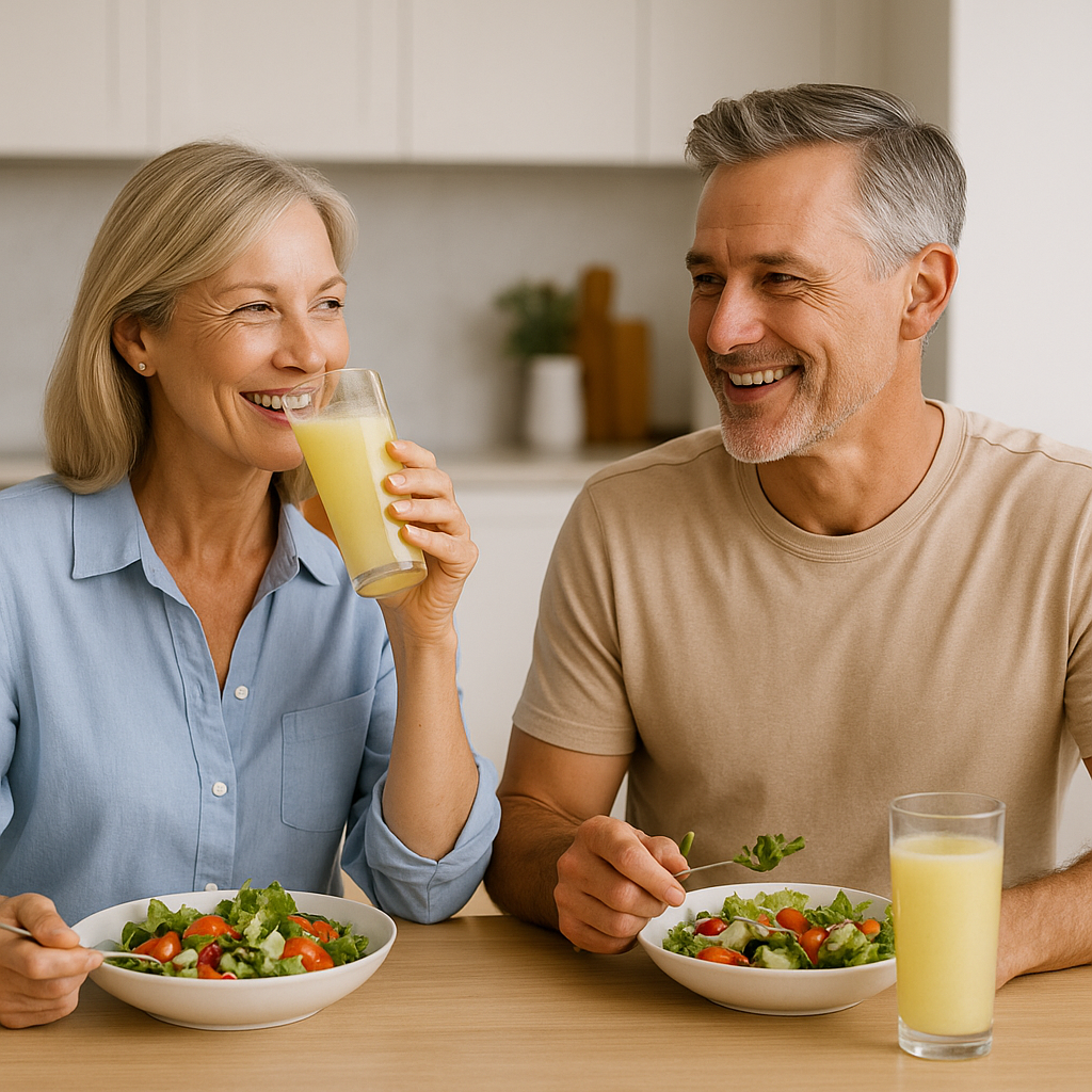 A couple enjoying ėNOS with a healthy meal at home