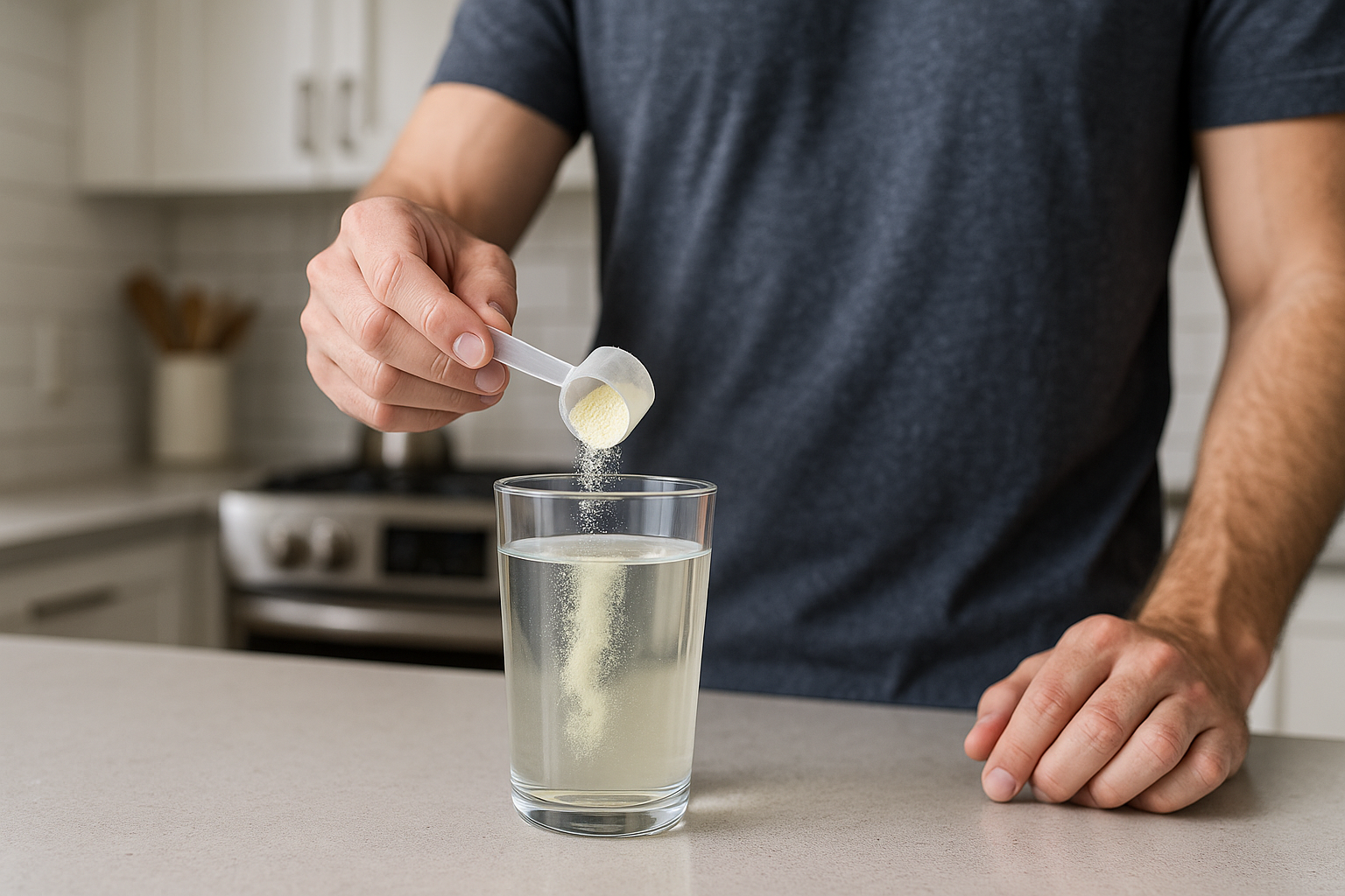A scoop of ėNOS powder being poured into a glass of water