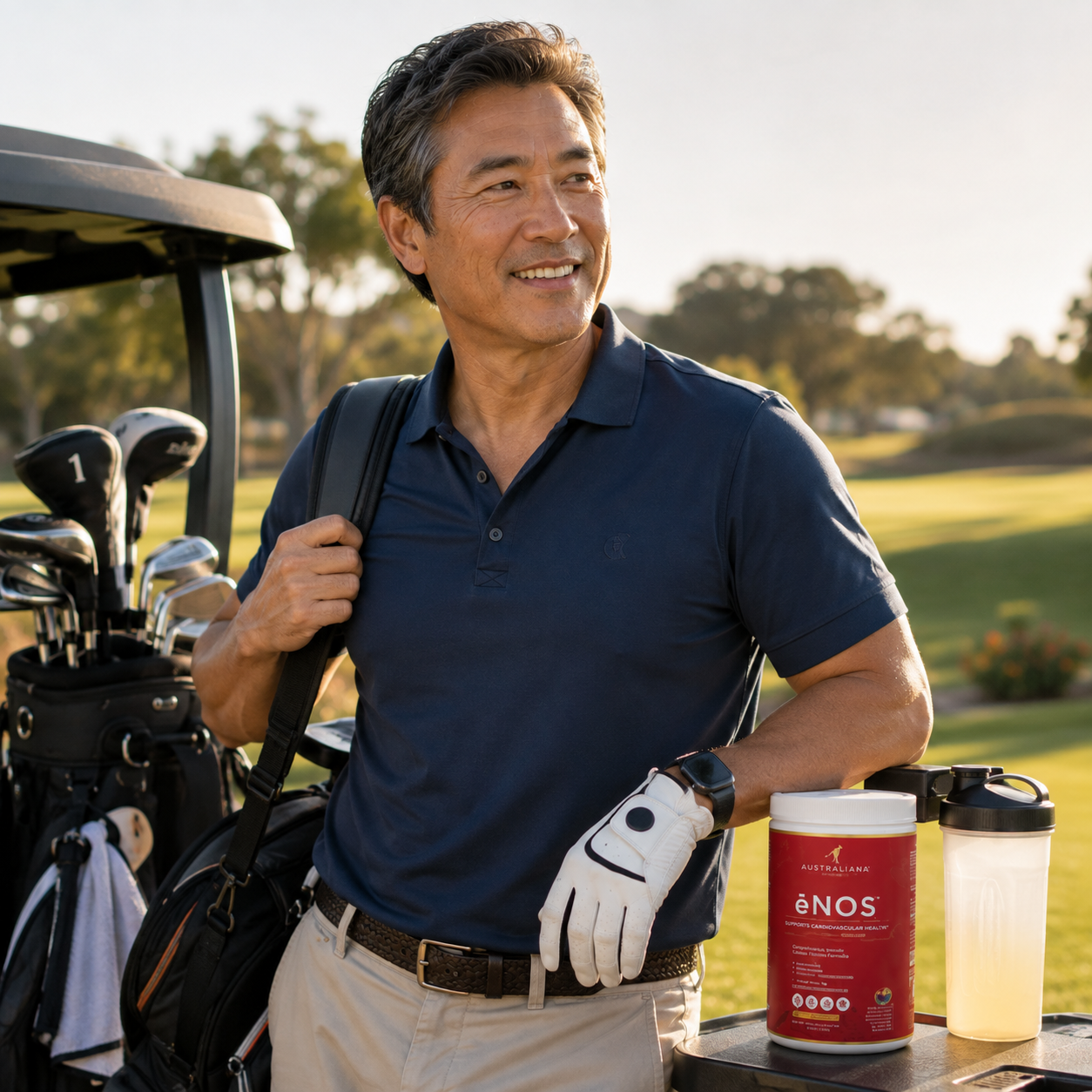 A healthy middle-aged man with golf clubs and a can of ėNOS
